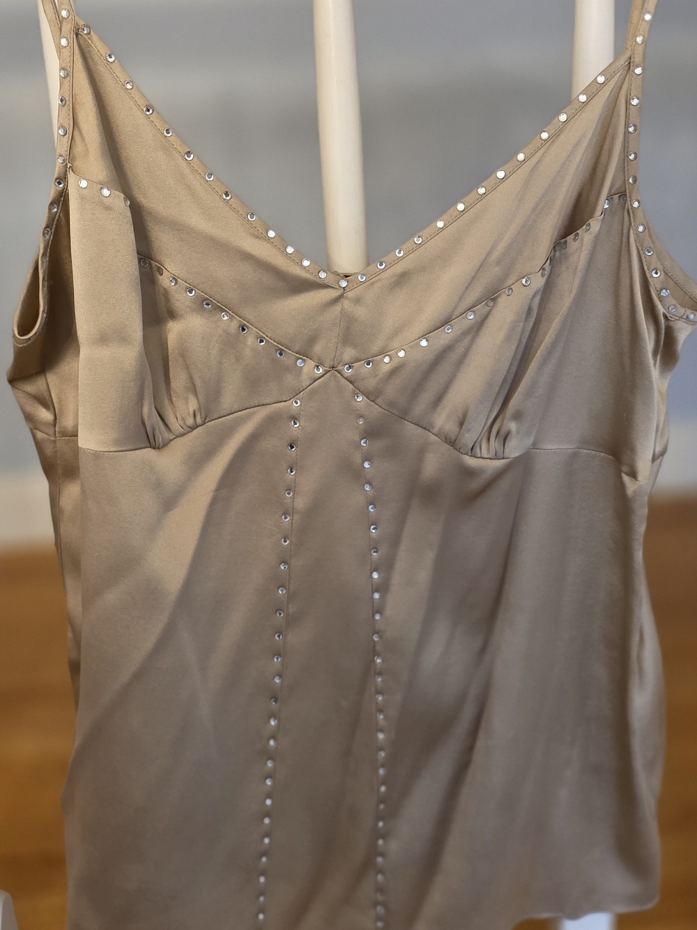 Calvin Klein Taupe Satin Crystal Embellished Slip Camisole